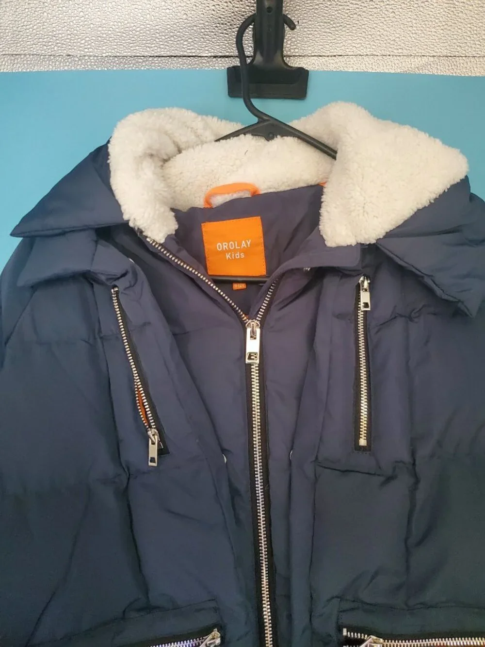 Orolay Kids Down Coat Size 150 11-12Y Navy Blue Puffer Jacket Fleece Hood